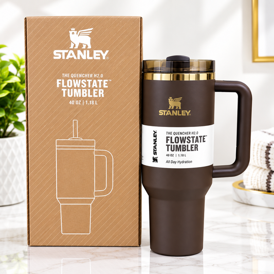 Stanley Quencher H2.0 FlowState Tumbler 40 oz – Dark Brown with Gold-Tone Rim
