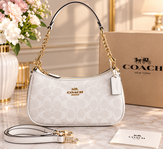 White Signature Print Shoulder Bag with Gold-Tone Chain Strap
