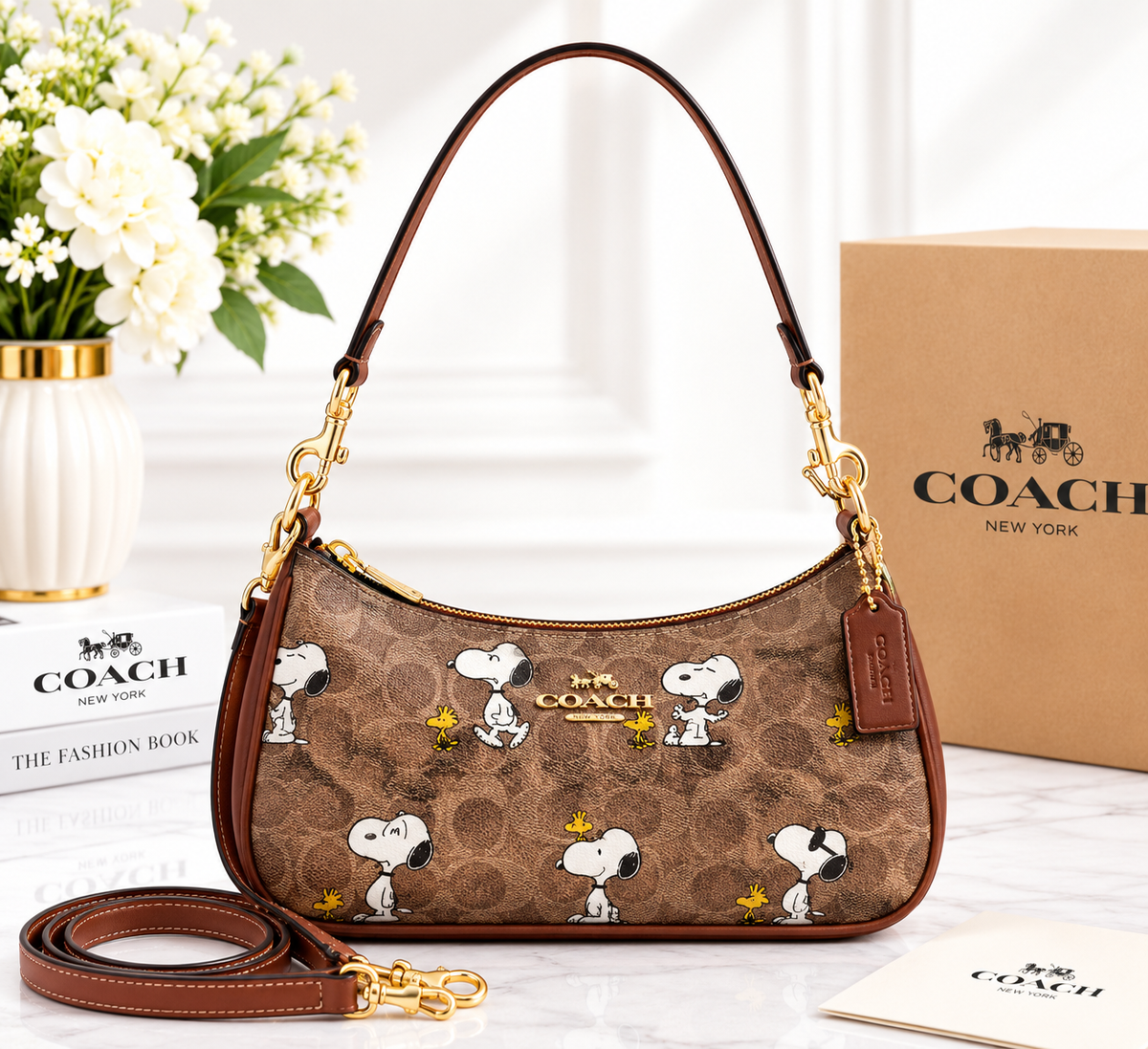 Snoopy Character Print Shoulder Bag with Adjustable Crossbody Strap – Brown