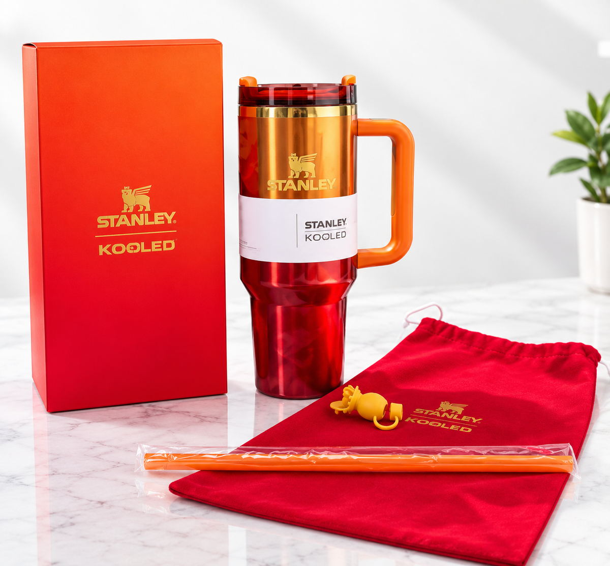 40 oz Orange and Red Handled Tumbler with Gift Box and Accessories