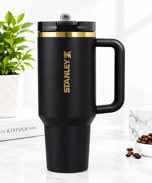 Black Stainless Steel Handled Tumbler 40 oz – Gold Accent Travel Cup