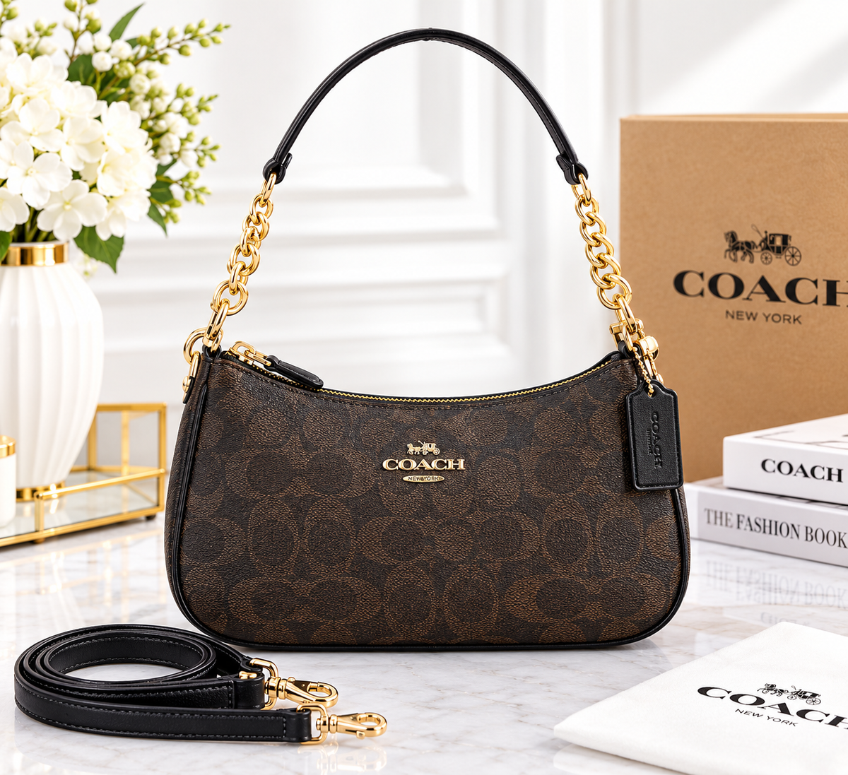 Brown Signature Pattern Shoulder Bag with Gold-Tone Chain Strap