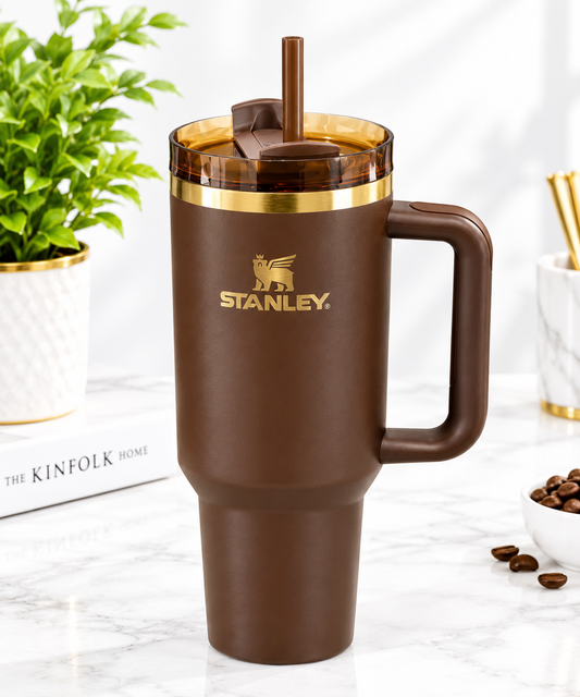 Brown Handled Tumbler 40 oz – Gold Accent Travel Cup with Straw
