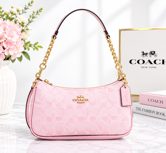 Pink Signature Print Shoulder Bag with Gold-Tone Chain Strap