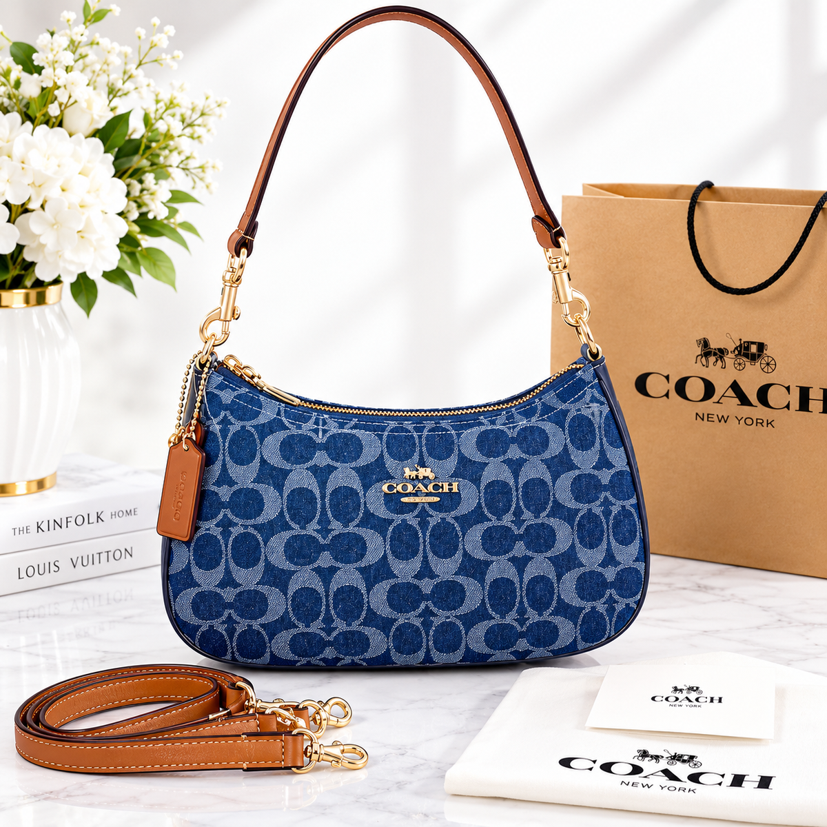 Blue Signature Canvas Shoulder Bag with Brown Leather Strap