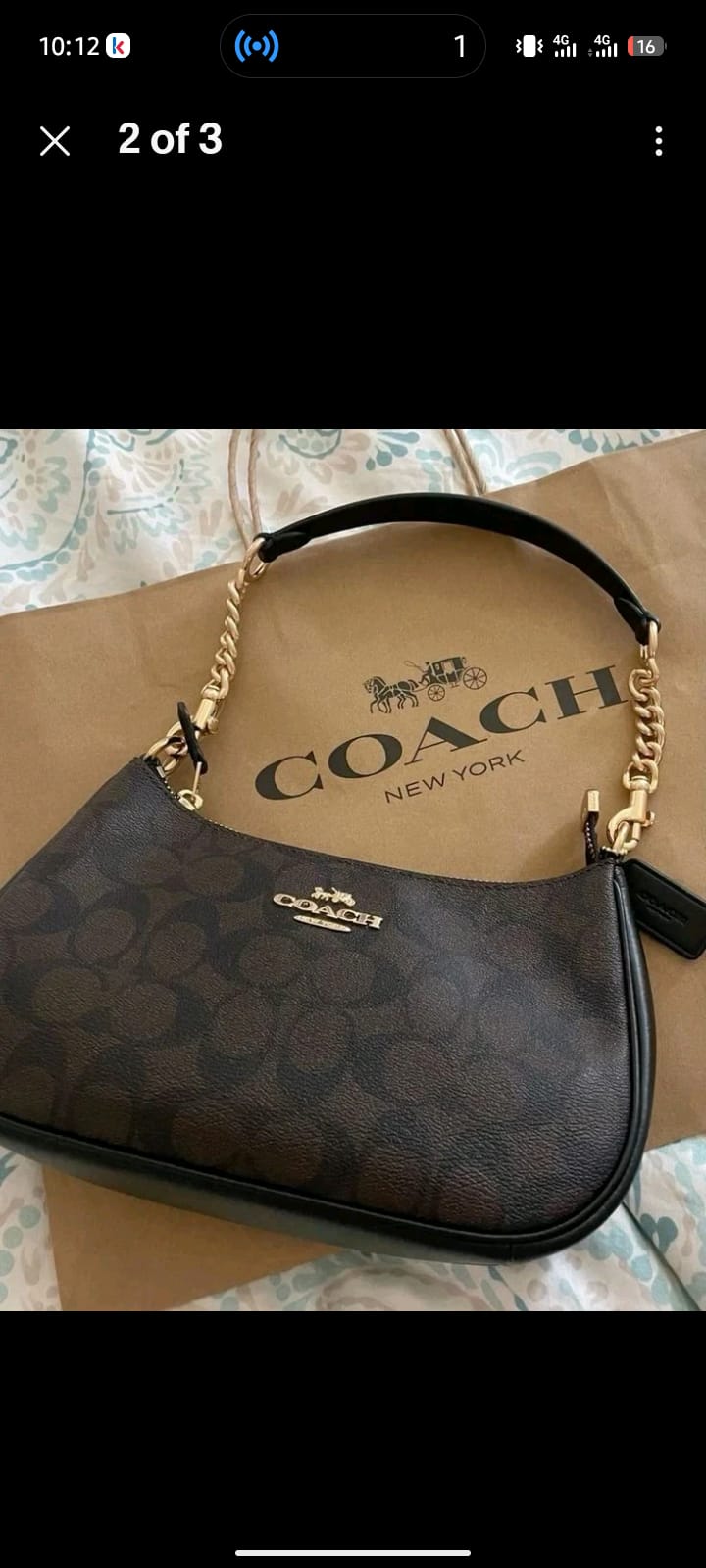 Brown Signature Pattern Shoulder Bag with Gold-Tone Chain Strap