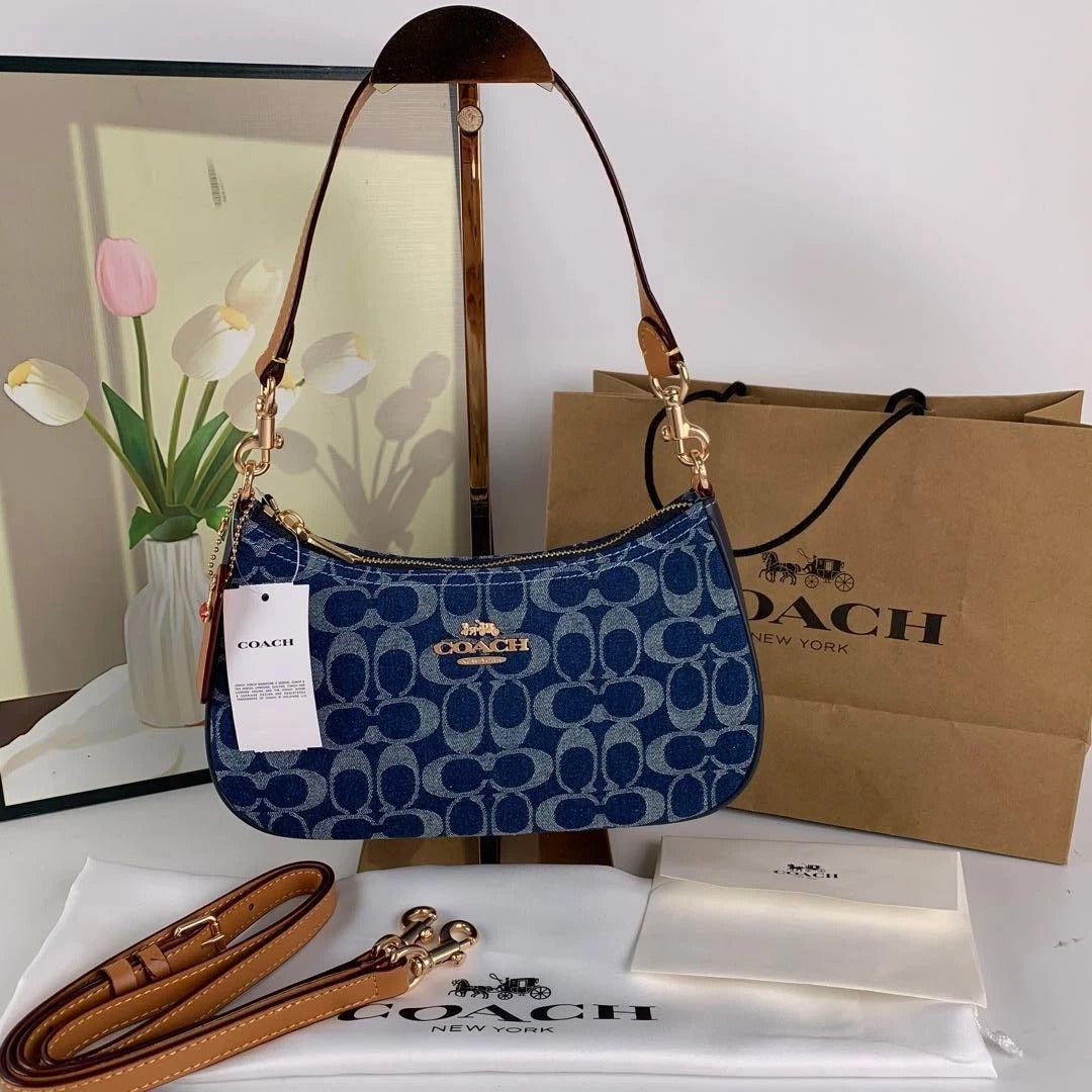 Blue Signature Canvas Shoulder Bag with Brown Leather Strap