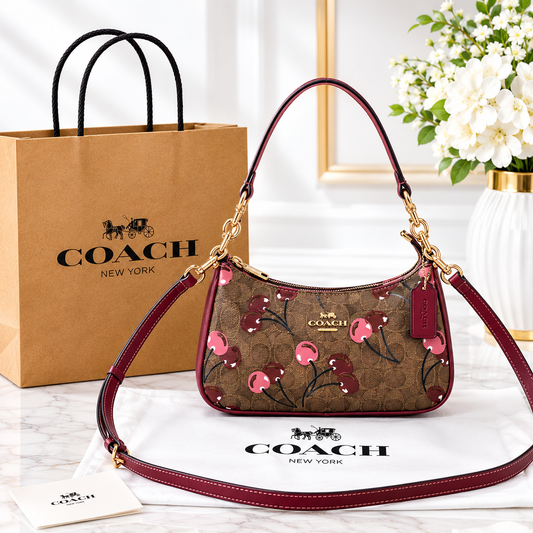 Cherry Print Shoulder Bag with Burgundy Straps and Gold-Tone Hardware