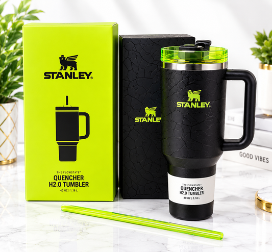 Stanley Quencher H2.0 FlowState Tumbler 40 oz – Black & Neon Green with Handle and Straw
